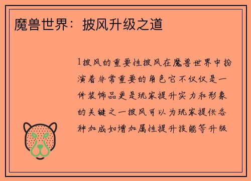 魔兽世界：披风升级之道